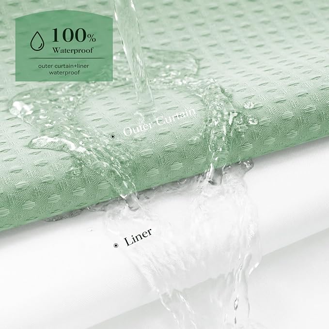 Mint Green Hook Free Waffle Shower Curtain & Snap-in Liner,72x81 | Less Time to install, 3 in 1 Fabric Shower Curtain and Liner Set with Magnets, Long, Shower Curtains for Bathroom