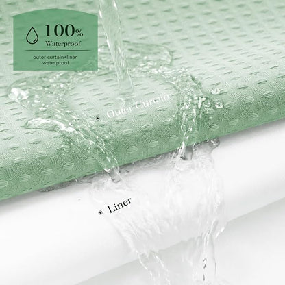 Mint Green Hook Free Waffle Shower Curtain & Snap-in Liner,72x75 | Less Time to install, 3 in 1 Fabric Shower Curtain and Liner Set with Magnets, Mesh Top Window, Shower Curtains for Bathroom