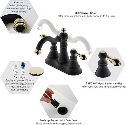Two Handle Bathroom Faucet,Matte Black with Polished Brass Trim Bathroom Sink Faucet 3 Hole with Overflow Pop up Drain,4 Inch Centerset with 360° Swivel Spout,F-0048-MG