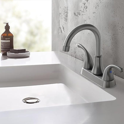 Bathroom Sink Faucet FRANSITON 4 Inch 2 Handle Lead-Free Brushed Grey Bath Sink Faucet with Pop-up Drain Stopper and Supply Hoses