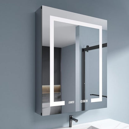 Medicine Cabinet with Lights 24x30 Anti-Fog Mirror Dimmable | 3 Color Dimmable LED. Time Temp Display. Anti-Fog IP44. 2 Outlets+2 USB. Plug-in/Hardwired. Recessed/Wall Mount. Left Hinge.