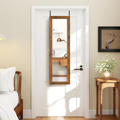 COSTWAY Full Length Mirror Jewelry Armoire, Wall Door Mounted Jewelry Cabinet Organizer with Makeup Mirror, Ring Slots and Necklace Hooks for Bedroom, Dressing Room (Rustic Brown)