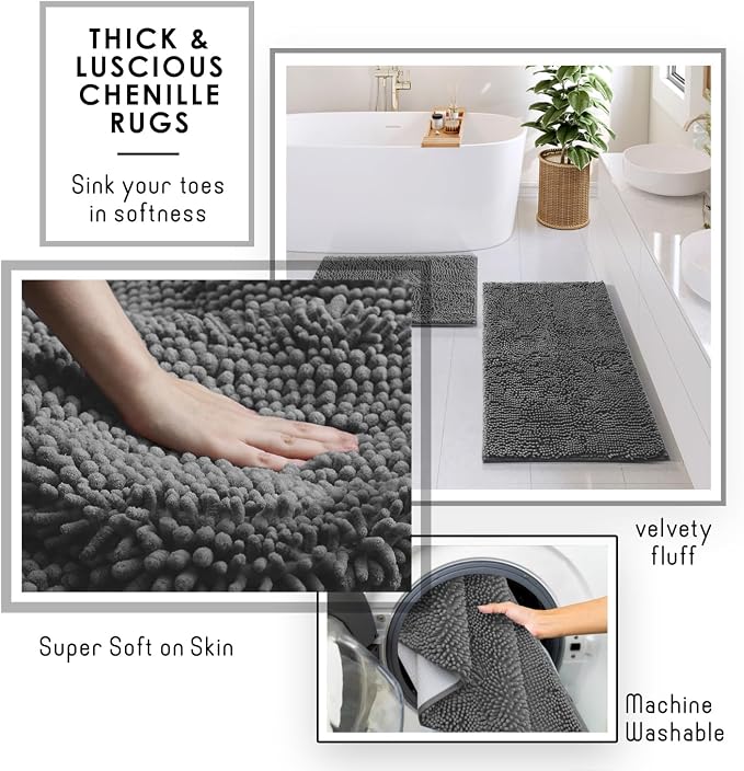 Clara Clark Bathroom Set - Grey Bathroom Accessories Set, 6PC Bathroom Accessory Set, Bathroom Sets with Bathroom Rugs, Adhesive Corner Shower Caddy Hanging, Toilet Brush, Trash Can & Soap Dispenser