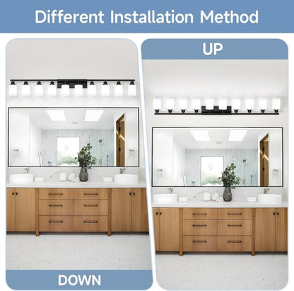 10-Light Bathroom Vanity Light,Modern Matte Black Bathroom Light Fixtures with Square Frosted Glass,64.5in Wall Sconces Over Mirror Restroom,Living Room Hallway E26