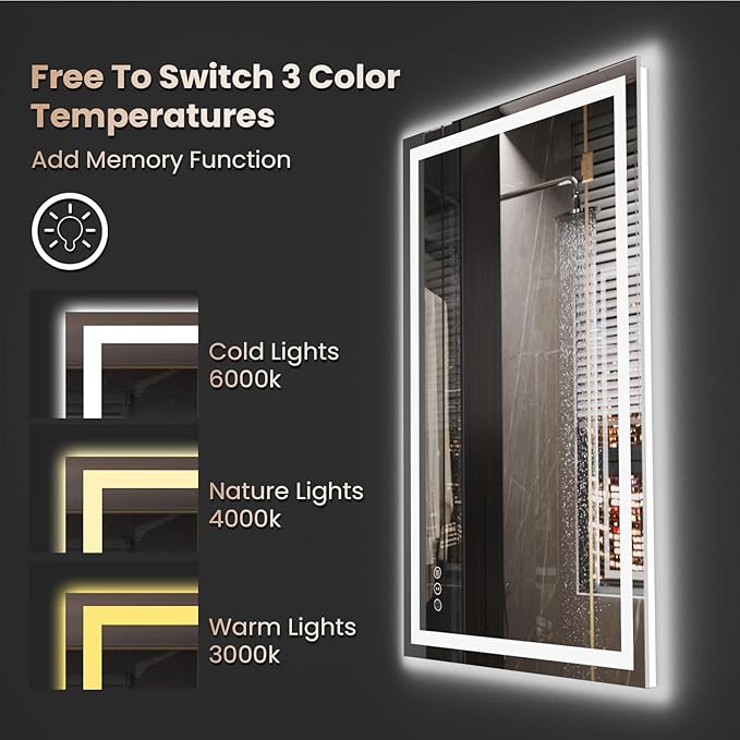 Snowdool 48 x 32 in LED Bathroom Mirror, Front and Backlit, Anti-Fog | Front and Backlit, 3 Color Temperatures, Anti-Fog, Tempered Glass