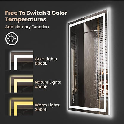 Snowdool 48 x 32 in LED Bathroom Mirror, Front and Backlit, Anti-Fog | Front and Backlit, 3 Color Temperatures, Anti-Fog, Tempered Glass