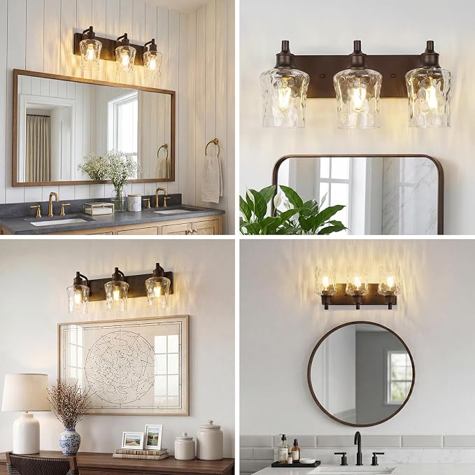 Bathroom Light Fixtures Farmhouse Oil Rubbed Bronze Vanity Lights for Bathroom Lighting Fixtures Over Mirror with Hammered Glass Lampshade for Cabinet Mirror Bedroom Hallway 3 Light