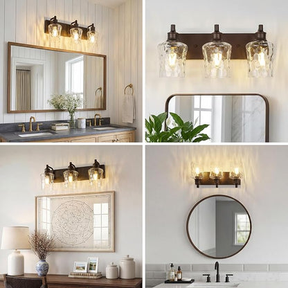 Bathroom Light Fixtures Farmhouse Oil Rubbed Bronze Vanity Lights for Bathroom Lighting Fixtures Over Mirror with Hammered Glass Lampshade for Cabinet Mirror Bedroom Hallway 3 Light