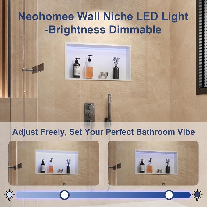 White Stainless Steel Shower Niche 24x12Inch, Dimmable RGB Led Light Wall Niche, No Tile Needed Recessed Niches for Bathroom Storage Built-in Installation