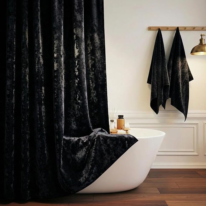 TAMGHO Extra Long Shower Curtain 84 inch Height, Crushed Velvet Tall Bathroom Curtain Set with 12 Gold Hooks, Luxury Thick Fabric, Machine Washable 72W x 84H, Black