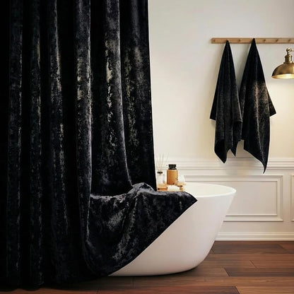 TAMGHO Extra Long Shower Curtain 84 inch Height, Crushed Velvet Tall Bathroom Curtain Set with 12 Gold Hooks, Luxury Thick Fabric, Machine Washable 72W x 84H, Black