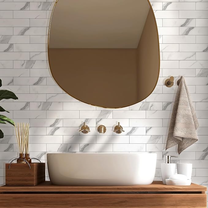 80-Piece Marble White Thick PVC Peel and Stick Backsplash, 2" x 8" Waterproof Subway Tile Peel and Stick Wall Tiles for Kitchen and Bathroom