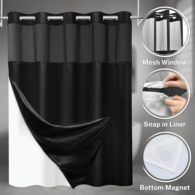 SORTTO No Hook Shower Curtain with Snap in Liner Set Waffle Shower Curtain for Bathroom Hotel Style Fabric Waterproof Inner Liner，36" W x 74" H, Black