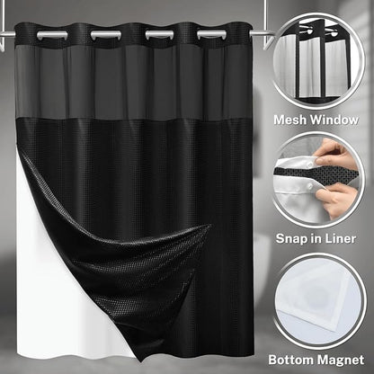 SORTTO No Hook Shower Curtain with Snap in Liner Set Waffle Shower Curtain for Bathroom Hotel Style Fabric Waterproof Inner Liner，36" W x 74" H, Black