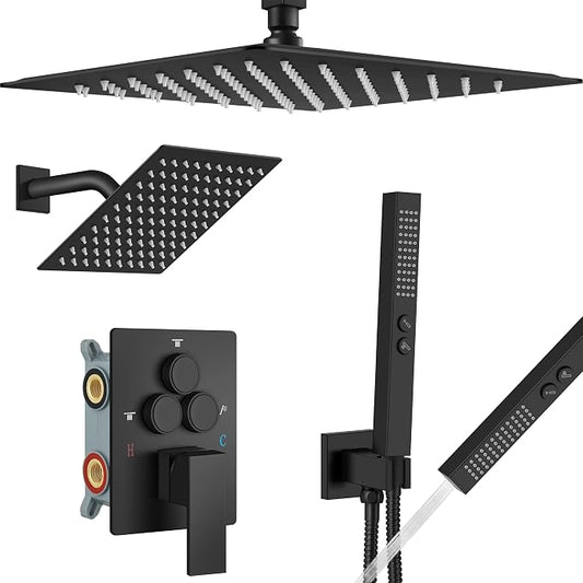 Aolemi Ceiling Shower Faucet Set System Dual Head 16&6 Inch Matte Black | 2 in 1 Handheld Spray,Shower Valve and Trim Kit,Push Button Diverter, 16"Top+6" Wall Rain Head,Bathroom Mixer for Couple