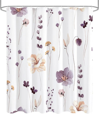 Plum Beige Watercolor Floral Fabric Shower Curtain, 72x84 | Waterproof Fabric, Modern Minimalist Floral Print, Machine Washable, Rustproof Grommets, Fade Resistant, for Bath Home