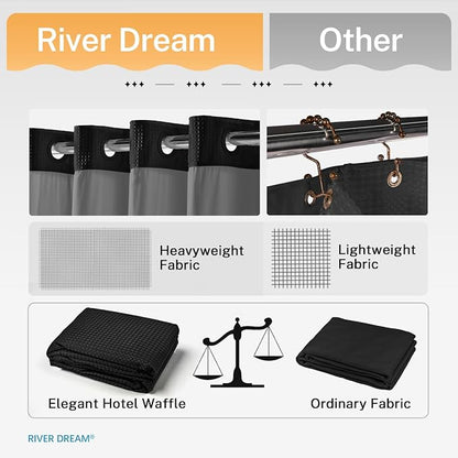RiverDream Heavyweight Waffle No Hook Shower Curtain with Liner,Black,36x74 | Dotted Waffle,Snap-in Liner,Heavy Duty,Quick Dry,Mesh Top Window,With Bottom Magnets,Hotel-Grade,Washable,Small Stall Size