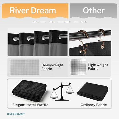 RiverDream Heavyweight Waffle No Hook Shower Curtain with Liner,Black,54x80 | Dotted Waffle,Snap-in Liner,Heavy Duty,Quick Dry,Mesh Top Window,With Bottom Magnets,Hotel-Grade,Washable,Stall Long Size