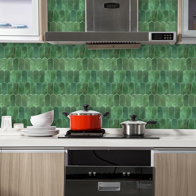 Vamos Tile Thicker Peel and Stick Backsplash Tile,Green,10-Sheet | Self Adhesive Vinyl Wall Tiles with Green Grout, Stick on Backsplash for Kitchen, Bathroom,RV,Laundry,11.1''x12''