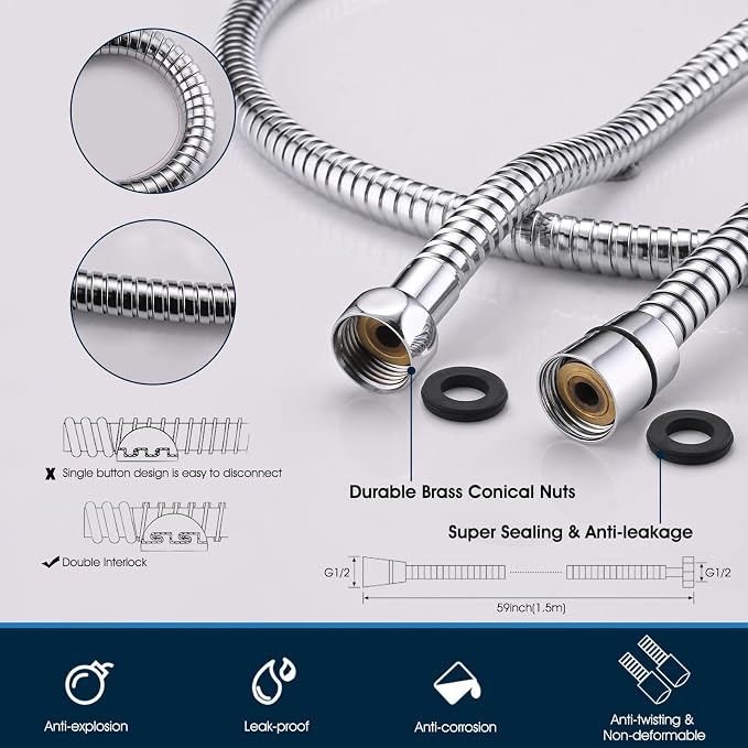 All-Metal High Pressure Square Handheld Shower Head with Jet Spray and Rainfall Modes, Volume Control Regulator, ON/OFF Switch, Hose and Wall Mounted Adjustable Bracket, Chrome