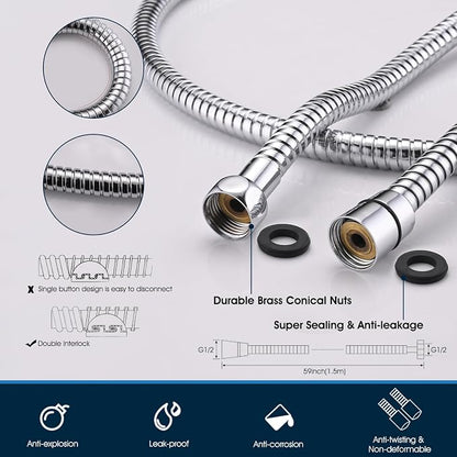 All-Metal High Pressure Square Handheld Shower Head with Jet Spray and Rainfall Modes, Volume Control Regulator, ON/OFF Switch, Hose and Wall Mounted Adjustable Bracket, Chrome