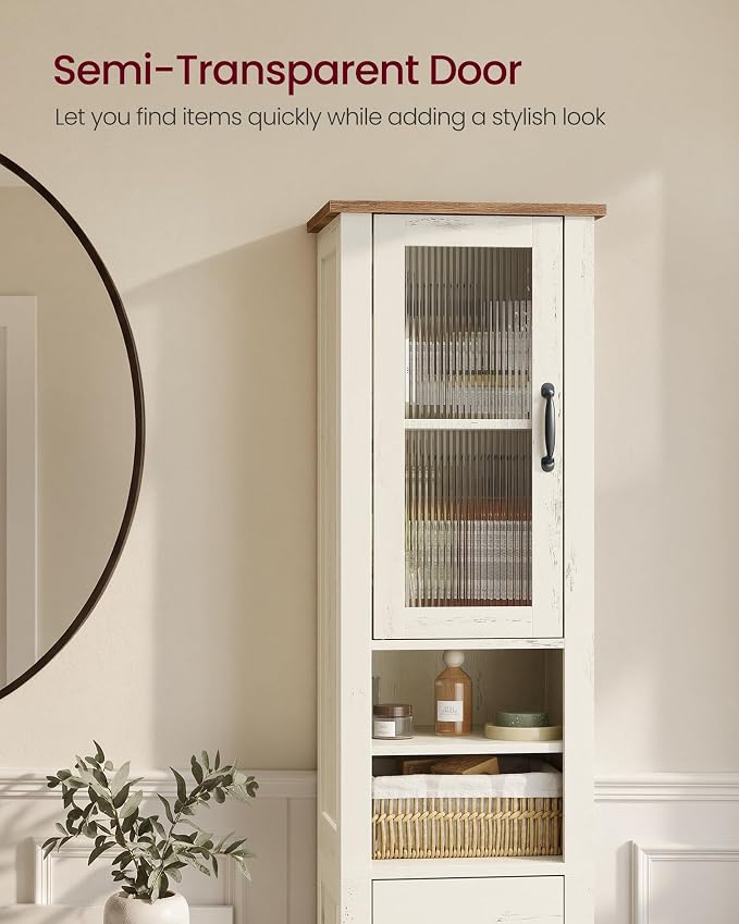 VASAGLE LIRY Collection -Tall Bathroom Cabinet, Farmhouse Freestanding Storage Cupboard with Drawer and Doors, Narrow Space Saver, 13 x 12.4 x 67.3 inch,Rustic White and Honey Brown, UBBK660W101S