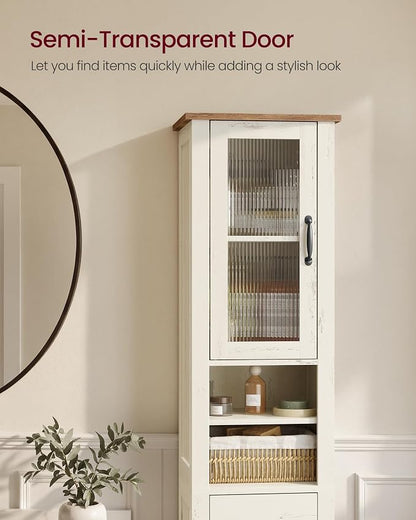 VASAGLE LIRY Collection -Tall Bathroom Cabinet, Farmhouse Freestanding Storage Cupboard with Drawer and Doors, Narrow Space Saver, 13 x 12.4 x 67.3 inch,Rustic White and Honey Brown, UBBK660W101S