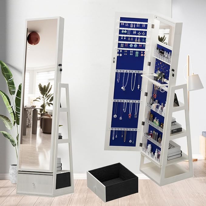 Jewelry Armoire with Full Length Mirror - 360° Swivel Standing Floor Mirror Jewelry Cabinet, Lockable Storage Organizer, 3 Shelves & Drawers,Tall Mirror with Storage for Women (White)