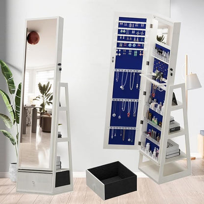 Jewelry Armoire with Full Length Mirror - 360° Swivel Standing Floor Mirror Jewelry Cabinet, Lockable Storage Organizer, 3 Shelves & Drawers,Tall Mirror with Storage for Women (White)