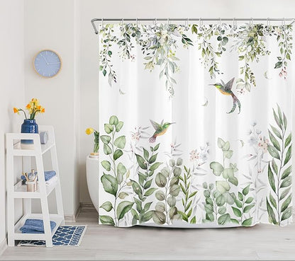 HVEST Sage Green Plant Shower Curtain and Bathroom Rugs, Eucalyptus Leaves with Floral and Hummingbird on White Shower Curtain with Bath Mat, 70X70 inches Green Botanical Shower Curtain Set
