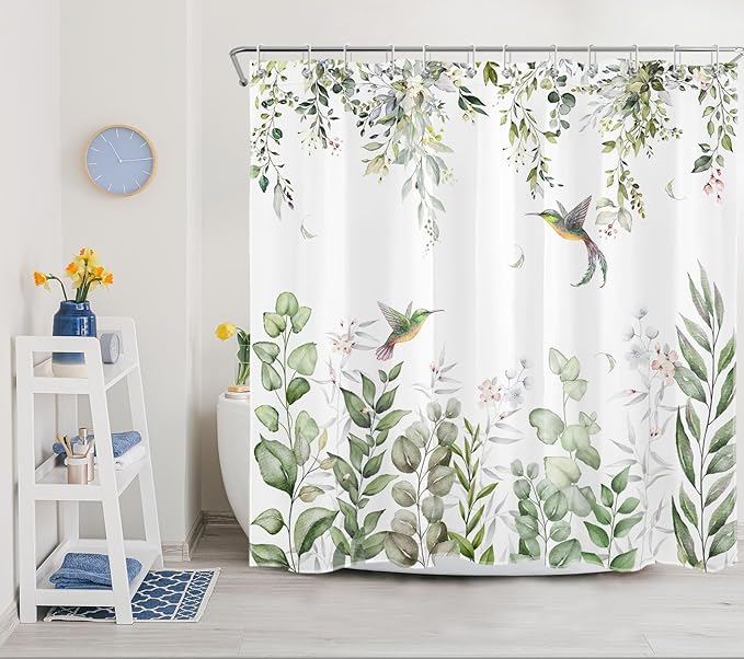 HVEST Sage Green Plant Shower Curtain for Bathroom, Eucalyptus Leaves with Floral and Hummingbird on White Shower Curtain with Hooks, Green Botanical Bathroom Curtains Shower Set, 72X78 inch