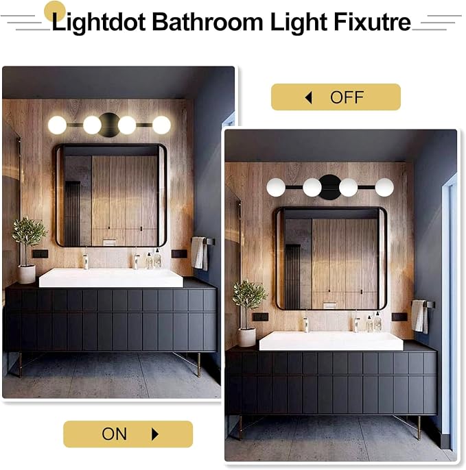 Lightdot 4 Light Bathroom Vanity Light, 26" Modern Black Vanity Lights with Globe Water/Shatterproof PC Lampshade, Rust-Proof Bathroom Light Fixtures Over Mirror for Kitchen Hallway Cabinet Porch