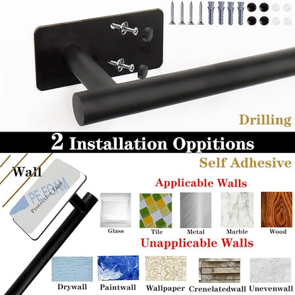 5 PCS Self Adhesive Bathroom Hardware Set, Stainless Steel Towel Rack Set Include 16In Bath Towel Bar+Toilet Paper Holder+3 Towel/Robe Hooks No Drill Bathroom Accessory Kit(Matte Black)