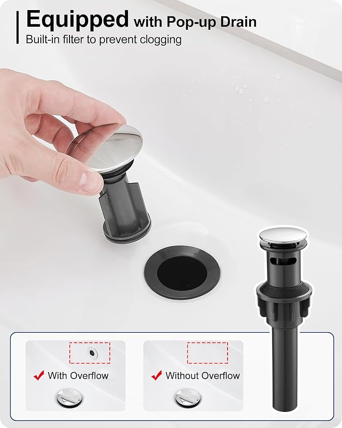 Brass Bathroom Sink Faucet Single Handle, Bath Sink Faucet, Chrome Bathroom Faucet 1 Hole or 3 Holes, Vanity Faucets 4 Inch with Pop-up Drain, Deck Plate, Pre-Installed Hose Save Water