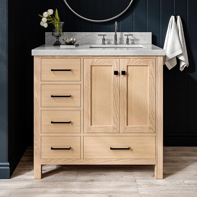 ARIEL Cambridge 36-inch Bathroom Vanity with Sink,Solid Wood, 1.5-inch Italian Carrara Marble Countertop, Single Rectangular Porcelain Sink, 2 Soft Closing Doors, 5 Dovetail Drawers, White Oak