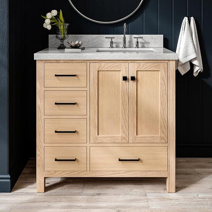 ARIEL Cambridge 36-inch Bathroom Vanity with Sink,Solid Wood, 1.5-inch Italian Carrara Marble Countertop, Single Rectangular Porcelain Sink, 2 Soft Closing Doors, 5 Dovetail Drawers, White Oak