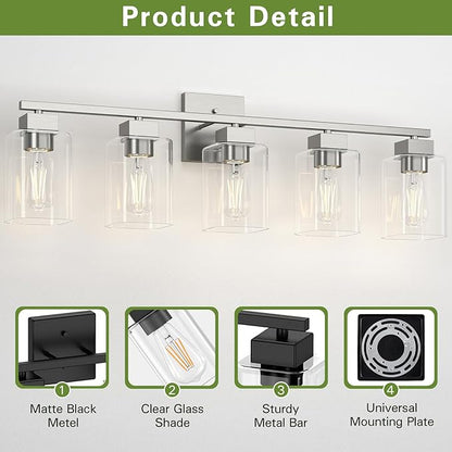 Espird 5 Light Bathroom Vanity Light - Brush Nickel Bathroom Light Fixtures Square Design & UL Certification, 31 Inch Long Light Fixtures Over Mirror for Bedroom & Restroom