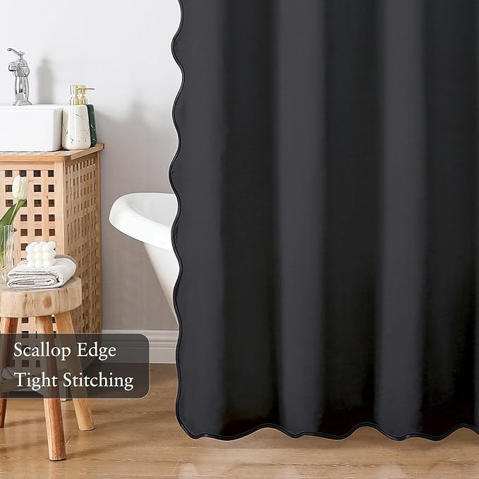 Linen Scallop Shower Curtain with 12 Clear Hooks, Waterproof, 72x72, Black | Waterproof Heavy Duty Thick Fabric with Black Border, Minimalist Neutral Boho Farmhouse Bathroom Décor