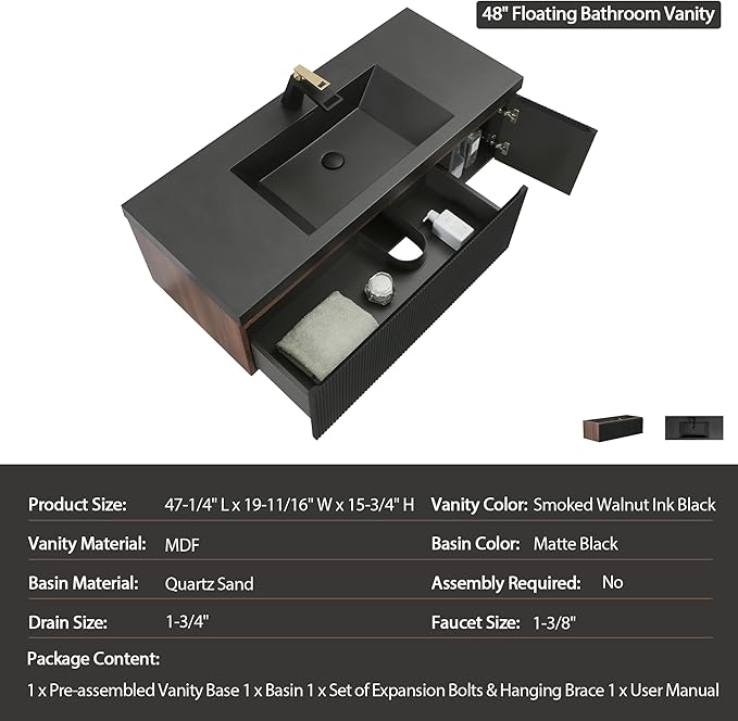 48'' Floating Bathroom Vanity with Sink Combo, Modern Wall-Mounted Striped Bathroom Storage Cabinet with Soft-Close Drawers and Black Quartz Sand Basin, No Assembly Required