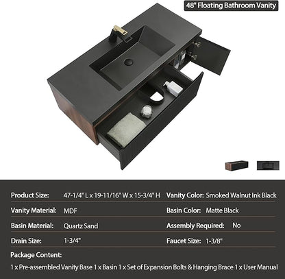 48'' Floating Bathroom Vanity with Sink Combo, Modern Wall-Mounted Striped Bathroom Storage Cabinet with Soft-Close Drawers and Black Quartz Sand Basin, No Assembly Required