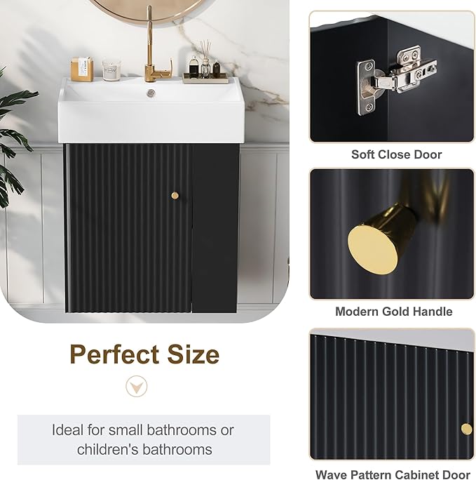 Merax 20" Bathroom Vanities with Sink Top, Wall Mounted Floating Sink Cabinet, Bathroom Cabinet with Doors & Side Storage, Soft-Close System, Black