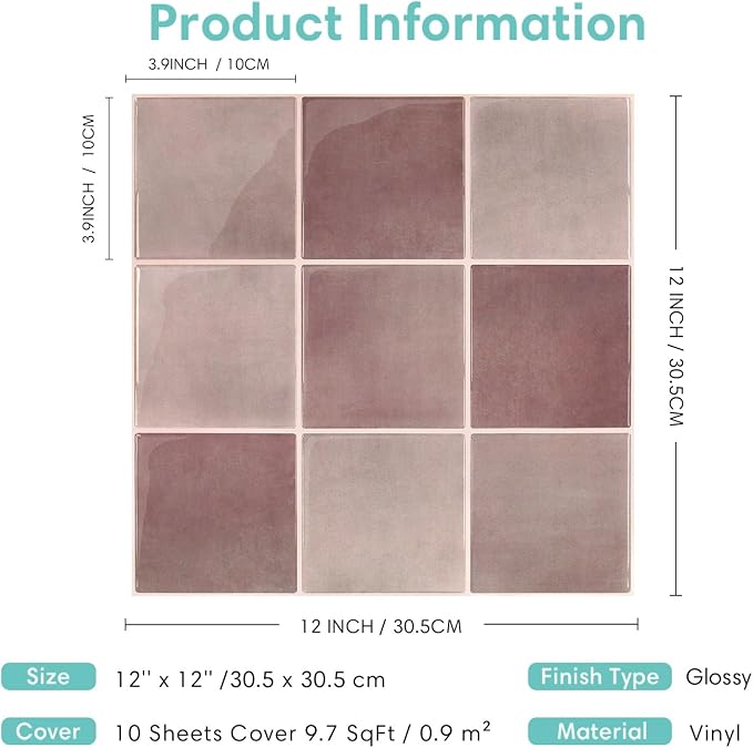 Commomy Thicker Pink Peel and Stick Tiles 10 pcs of 12" x 12" | 3D Adhesive Square Peel and Stick Tiles Backsplash for Kitchen, Bathroom,Waterproof, Vinyl Wall Tile(Cover 10 Sq.ft)