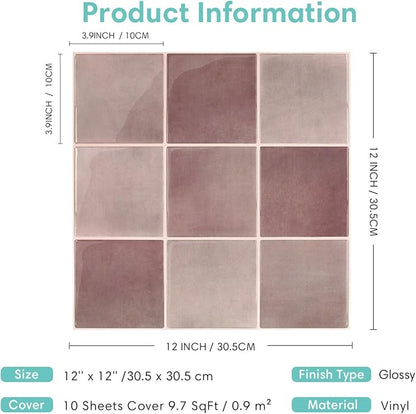 Commomy Thicker Pink Peel and Stick Tiles 10 pcs of 12" x 12" | 3D Adhesive Square Peel and Stick Tiles Backsplash for Kitchen, Bathroom,Waterproof, Vinyl Wall Tile(Cover 10 Sq.ft)