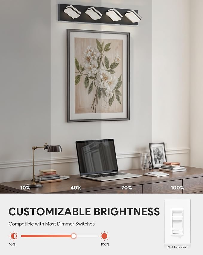 VONLUCE LED Modern Bathroom Vanity Light Fixture, Matte Black | 26'', 4-Light, 3CCT, 360° Rotate, High CRI, Flicker-free, Dimmable, Memory Function, Waterproof IP44, Easy Installation