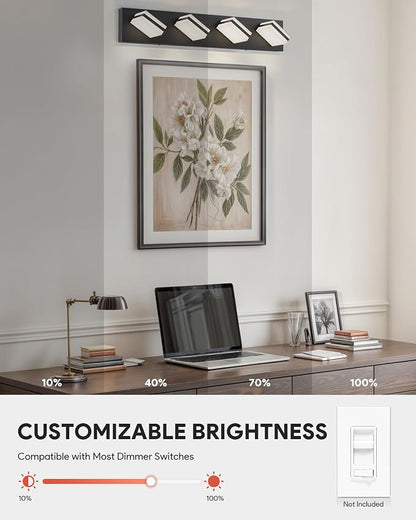 VONLUCE LED Modern Bathroom Vanity Light Fixture, Matte Black | 26'', 4-Light, 3CCT, 360° Rotate, High CRI, Flicker-free, Dimmable, Memory Function, Waterproof IP44, Easy Installation