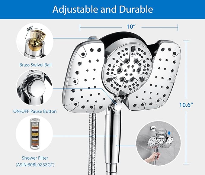 Rain Shower Head with Filtered Handheld Spray Combo Chrome 1.8 GPM | 10” Rainfall Showerhead with 9-Spray Detachable Handheld, High Pressure, ON/OFF Switch, 15-Stage Filter, Jet for Cleaning
