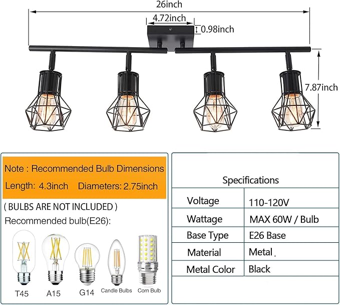Track Lighting Fixtures Ceiling，Industrial Black Kitchen Track Lighting for Kitchen, Living Room, Dining Room, Hallway（E26 | Matte black metal build, adjustable heads, easy ceiling mount. E26 socket fits bulbs for industrial farmhouse indoor spaces