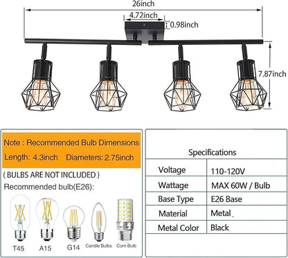 Track Lighting Fixtures Ceiling，Industrial Black Kitchen Track Lighting for Kitchen, Living Room, Dining Room, Hallway（E26 | Matte black metal build, adjustable heads, easy ceiling mount. E26 socket fits bulbs for industrial farmhouse indoor spaces