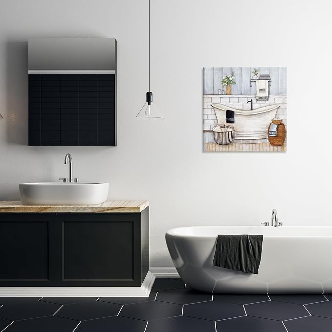 Bathroom Farmhouse Tub Floral, 24 x 24 Inch Canvas Wall Art | Stupell Industries · By Yellow Cafe · Ready to hang · Charming bath and laundry decor · Made in USA