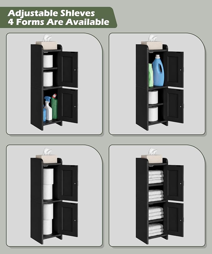 Akxomel Small Bathroom Cabinet Narrow Toilet Paper Organizer Black | 7.9''D x 7.9''W Bathroom Organizer and Storage Cabinet for Small Space, Slim Corner Unit with Adjustable Shelf